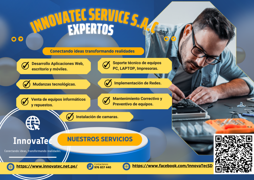 En Innovatec Service S.A.C. somos expertos en soluciones tecnológicas. Ofrecemos desarrollo de aplicaciones web y móviles, soporte técnico, venta de equipos informáticos, instalación de cámaras de seguridad, mantenimiento de equipos y más. Conecta tus ideas y transforma tu realidad con nuestros servicios. ¡Visítanos en www.innovatec.net.pe para más información!